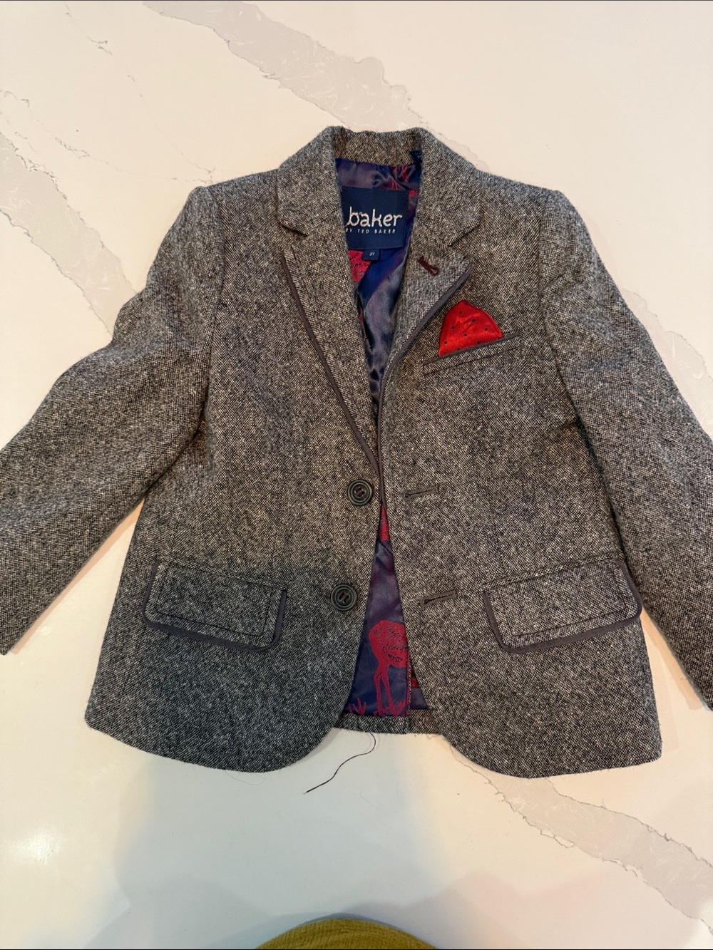 Ted Baker Gray Tweed Blazer with Red Pocket Square (age 3)